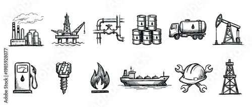 Oil and gas industry doodle icon collection in black and white with a refinery, pumpjack, tanker truck, ship, and pipeline in a hand-drawn sketch style