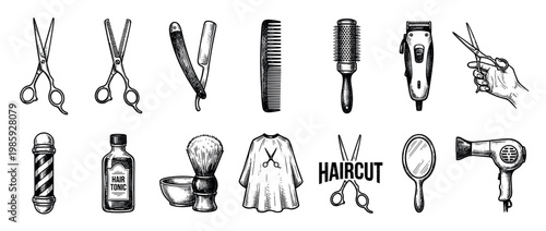 Barbershop equipment and hairstyling accessories set drawn in a retro engraving style, featuring a collection of professional tools for haircutting, shaving, and grooming