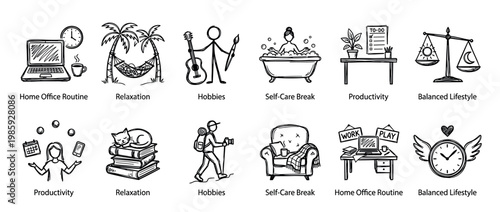 Hand-drawn work-life balance icon set featuring black and white sketch illustrations of productivity, relaxation, hobbies, and self-care concepts for a healthy and mindful lifestyle