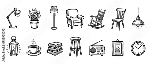 Collection of hand-drawn household furniture and decor items, including lamps, chairs, a plant, books, and a radio, rendered in a charming vintage sketch art style with clear black lines