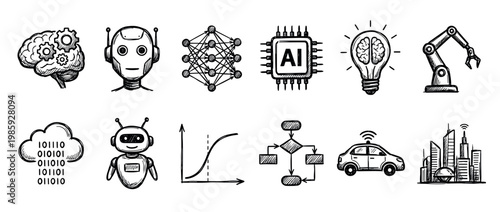Hand drawn artificial intelligence technology icon set with a robot, brain, neural network, chip, and smart city in a black and white sketch doodle style illustration