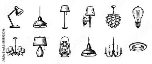 Diverse collection of hand-drawn sketch illustrations depicting various lighting fixtures, including lamps, chandeliers, and a light bulb, rendered in a creative black and white doodle style