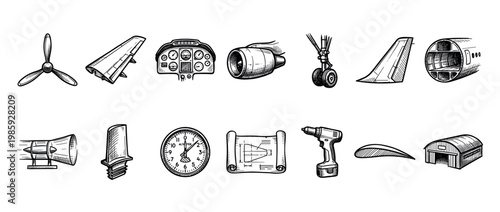Set of vintage aviation illustrations featuring airplane parts like a propeller, wing, jet engine, cockpit panel, landing gear, and hangar in a detailed hand-drawn sketch style