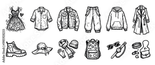 Hand-drawn collection of fashion clothes and accessories in a monochrome ink sketch style, including a dress, jacket, hoodie, boots, and backpack for a complete wardrobe set