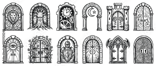 Collection of hand-drawn fantasy doors and gateways in a detailed sketch style, featuring various themes like medieval, gothic, steampunk, magical, and mystical portal designs