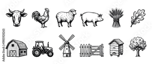 Vintage farm and agriculture icon collection hand-drawn in a black and white sketch style showing animals, a barn, tractor, windmill, and crops like wheat and apples