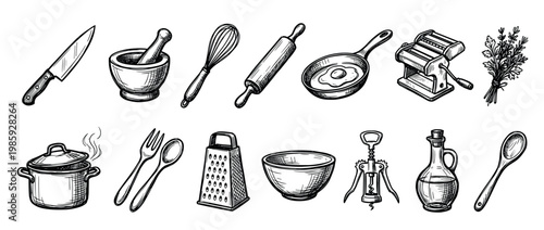 Various hand-drawn kitchen utensils and cooking tools are intricately sketched in a detailed, vintage-style illustration, perfect for culinary and baking themes