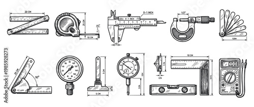 Detailed collection of hand-drawn measuring tools and instruments is depicted in a vintage sketch style, showcasing various precision devices with technical dimensions