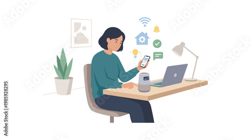 Female professional using laptop and smartphone at desk.