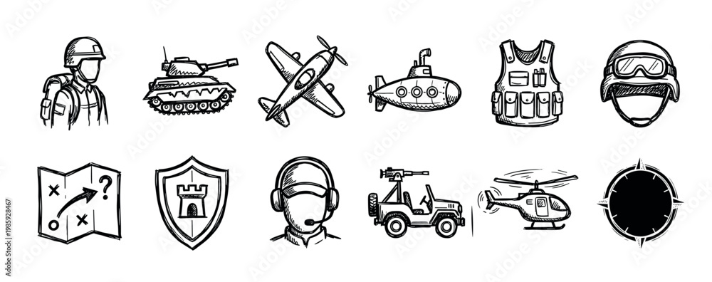 Fototapeta premium Collection of hand-drawn military and defense-related icons, featuring various vehicles, equipment, and personnel symbols in a rough, sketch-like style