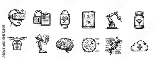 Hand-drawn set of medical technology icons representing healthcare innovation, including virtual reality, robotics, AI, telehealth, prosthetics, and genetic data in a sketch style
