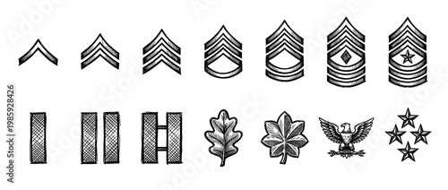 Collection of hand-drawn military rank insignia in a sketch style, featuring various symbols like chevrons, bars, leaves, an eagle, and stars representing hierarchy and service