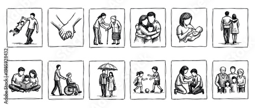 Set of hand-drawn family life icons showing stages of life, love, care, and support from childhood and parenting to disability and old age in a simple sketch illustration style