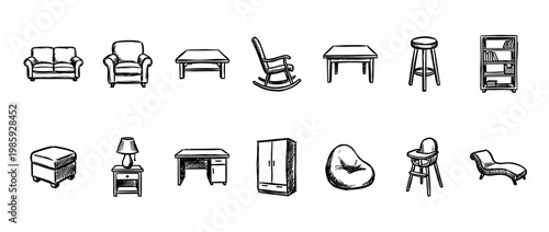 Various hand-drawn black and white furniture icons are neatly arranged, showcasing a diverse collection of common household items in a charming, sketchy doodle style