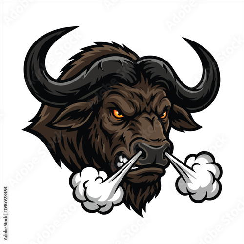 Fierce illustration of a charging bull's head exhaling smoke, symbolizing power and aggression