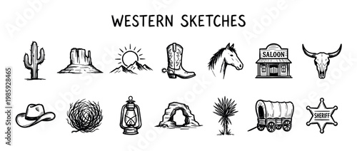 Set of hand-drawn western icons featuring a cactus, cowboy boot, saloon, bull skull, and sheriff badge in a black and white vintage sketch illustration style