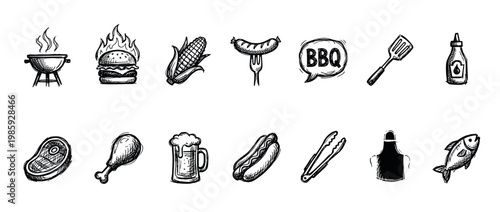 Collection of hand-drawn barbecue icons featuring a grill, hamburger, steak, hot dog, fish, chicken, corn, beer, and cooking utensils in a black and white sketch style