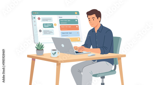 man working on laptop at desk in office setting.