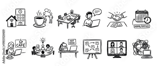 Diverse set of hand-drawn business icons illustrates modern work concepts like remote collaboration, hybrid schedules, office environments, and online communication