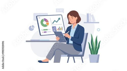 Focused businesswoman analyzing data on laptop screen.