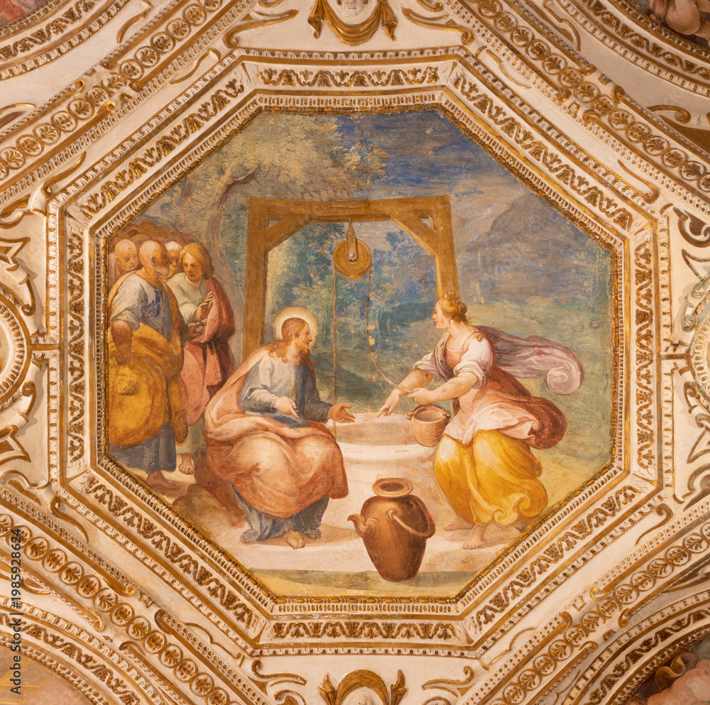 Obraz premium Salerno - The ceiling fresco of Jesus and the Samaritan woman at the well in the crypt of Cathedral of St. Matthew by Belisario Corenzio (1558–1646)