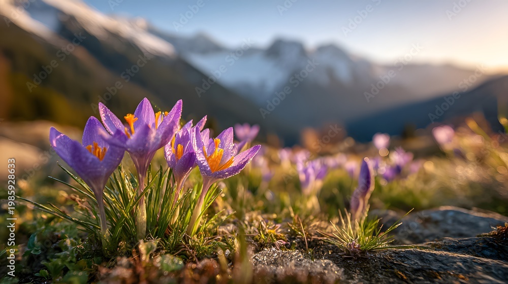 Obraz premium Purple flowers bloom in the mountains during sunrise with snow-capped peaks in the background
