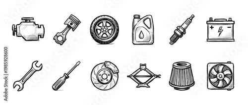 Various hand-drawn car parts and mechanic tools are neatly arranged, showcasing essential automotive components and repair instruments in a detailed sketch style