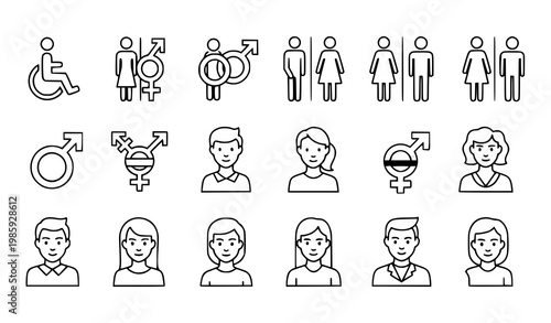 Inclusive gender identity icon set line style restroom symbols user avatars vector isolated