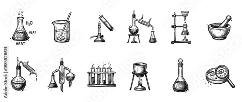 Collection of hand-drawn vintage scientific laboratory equipment illustrations depicting various chemistry experiments, tools, and processes in a detailed, educational, and classic sketch style