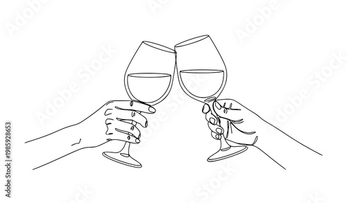 Minimal one line hands clinking wine glasses celebration vector illustration isolated