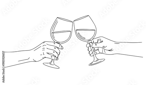 Hands clinking wine glasses line art celebration toast vector illustration isolated on white background