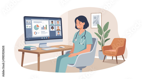 Medical Professional in Scrubs Working at Computer Desk.