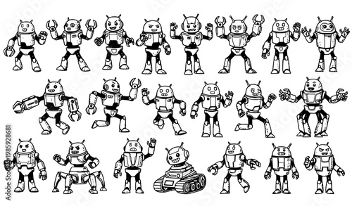 A set of cute robot illustrations in various poses and designs
