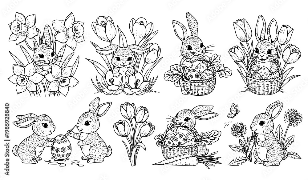 Obraz premium A black and white illustration of Easter bunnies with flowers and eggs