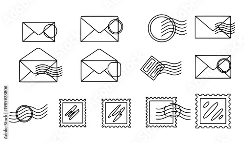 A set of minimalist line art icons depicting envelopes and stamps