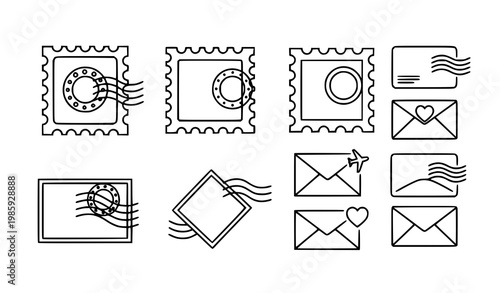 A set of minimalist line art icons depicting postal stamps and envelopes