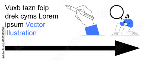 Research analysis, business growth, data presentation, investigation tools, communication, strategic planning. Hand drawing with pen, person examining with magnifier and arrow. Research analysis