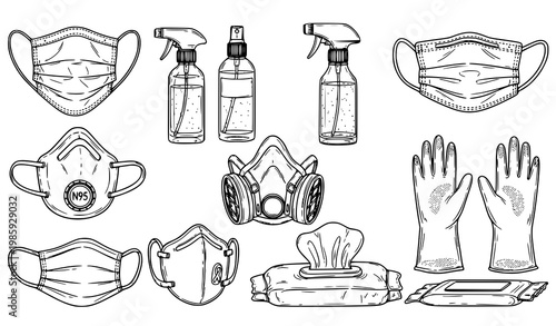 A collection of personal protective equipment and hygiene products in a simple line drawing style