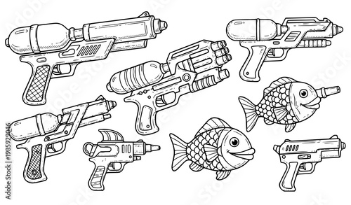 A set of black and white vector illustrations of water guns and fish shaped water guns