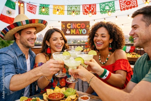Friends celebrating Cinco de Mayo with margaritas and festive decorations