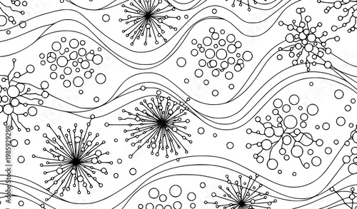 A minimalist vector graphic illustration of abstract molecular structures and wavy lines