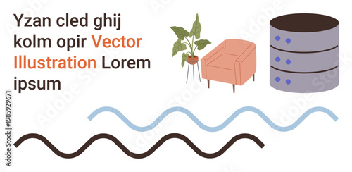 Interior design, data storage, modern decor, typography, abstract art, visual balance. Image with decorative text, potted plant armchair data server icon and wavy graphic lines. Interior design