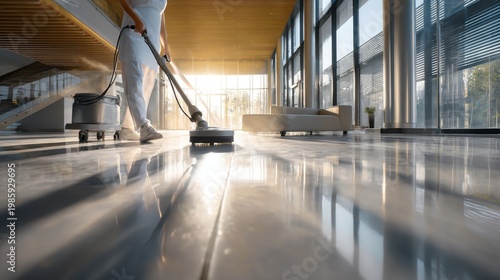 Professional cleaning service using a floor polisher in a modern office lobby with large windows
