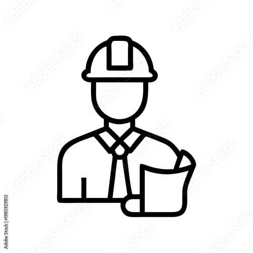 Black line icon of a construction worker wearing a hard hat and holding blueprints