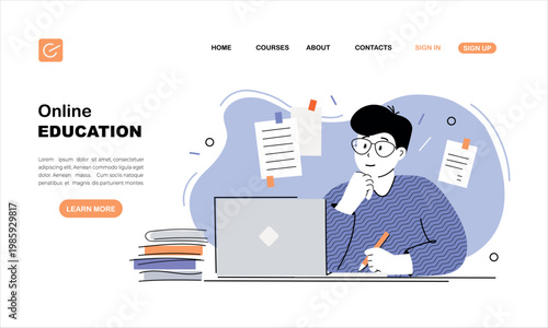 Online school, education, landing page, e-learning, template background, flat design, vector illustration 