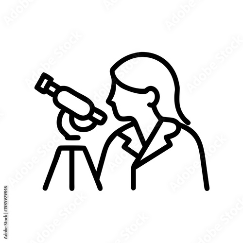 A line drawing of a woman looking through a telescope