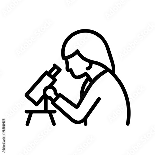 A woman looking through a microscope in a simple line drawing style