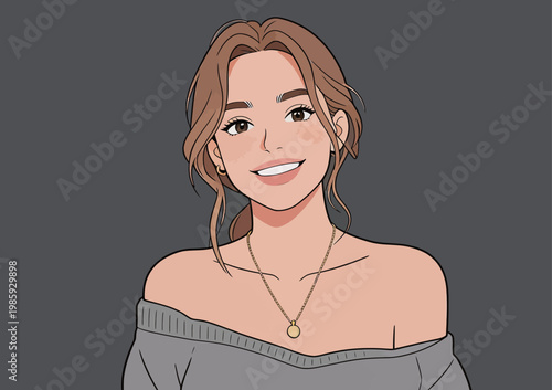 Smiling Woman with Loose Hairstyle in Off-Shoulder Top