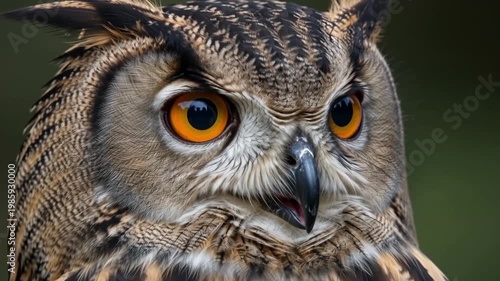 Animal - Extreme Close Up Portrait of a Eurasian Eagle Owl with Vivid Orange Eyes and Detailed Brown Feathers Against Dark Green Background