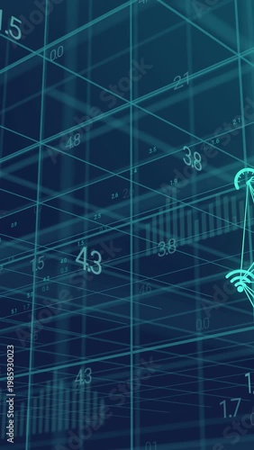 Vertical video: 3D grid pan or zoom shifting numbers and bars, adding gauge and icons exploring tech